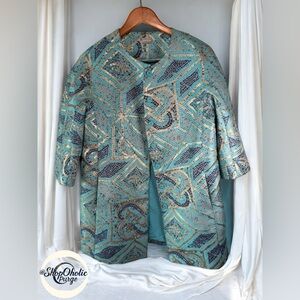 Chico’s blazer Jacket Teal Gold Geometric Open Front size 10